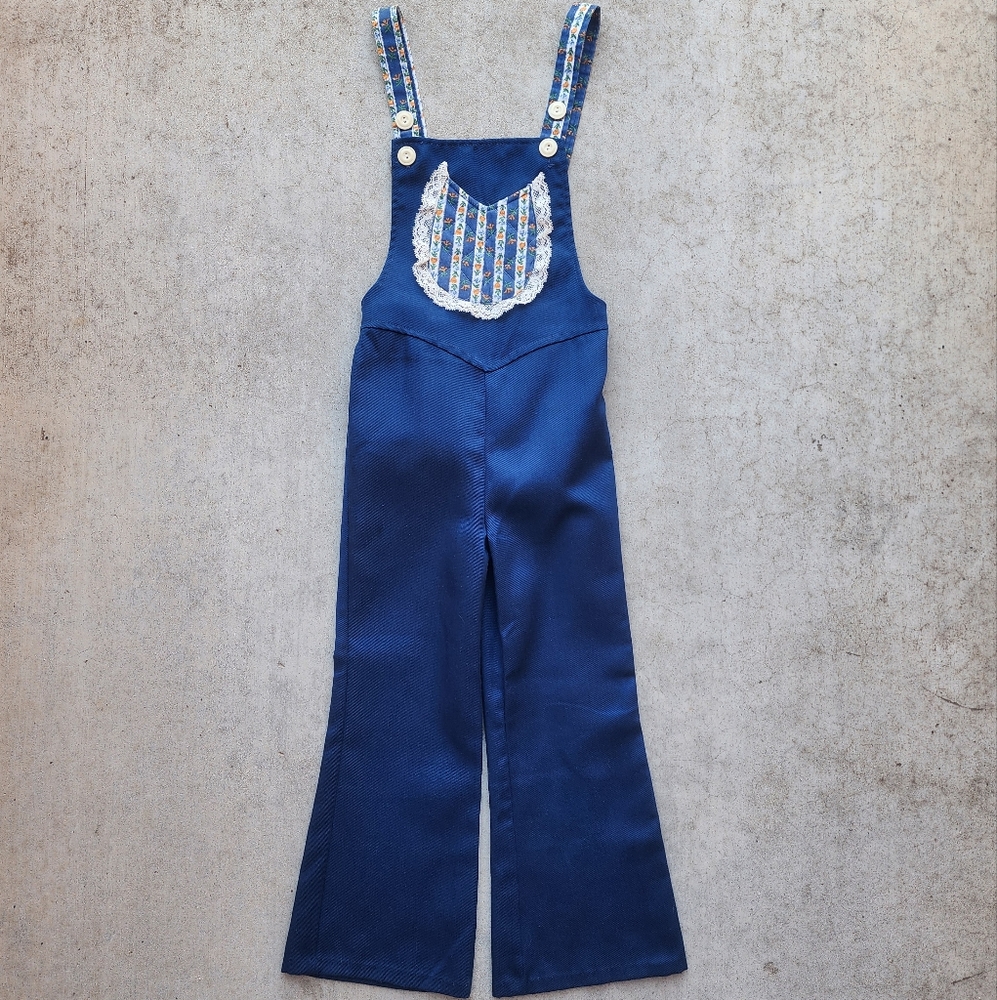 Vintage Sears Perma-Prest Girls Overalls, Blue Floral Lace Trim Size‎ 6